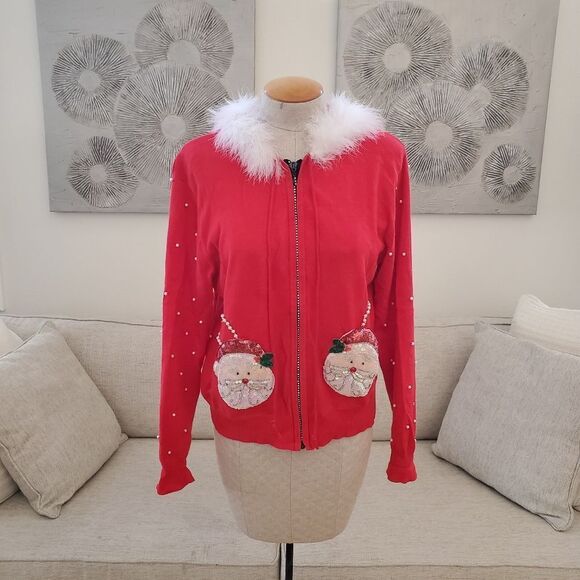 Collective Works Of Berek 2 Embellished Christmas Santa Clause Zip-Up Hoodie LG - Picture 3 of 13